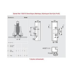 Samet Star 103212 Deve Boynu Menteşe, Alüminyum Dar Kutu Profil, Altlıklı takım, - 2