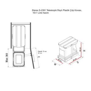 Starax S-2391-G, Teleskopik Raylı, Plastik Gövdeli Çöp Kovası, 16+1 LT, Gri - 3