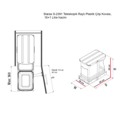 Starax S-2391-G, Teleskopik Raylı, Plastik Gövdeli Çöp Kovası, 16+1 LT, Gri - 3